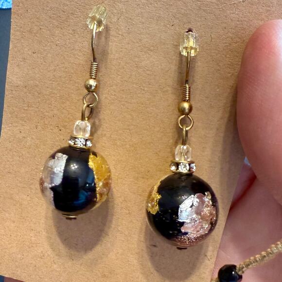 Murano Glass Black Silver Gold Foil Beaded Earrings Necklace - Picture 5 of 9